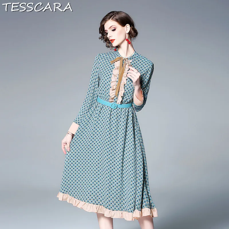 

TESSCARA Women Spring Elegant Dress Shirt Festa Female High Quality Vintage Print Designer Vestidos Office Long Party Robe Femme