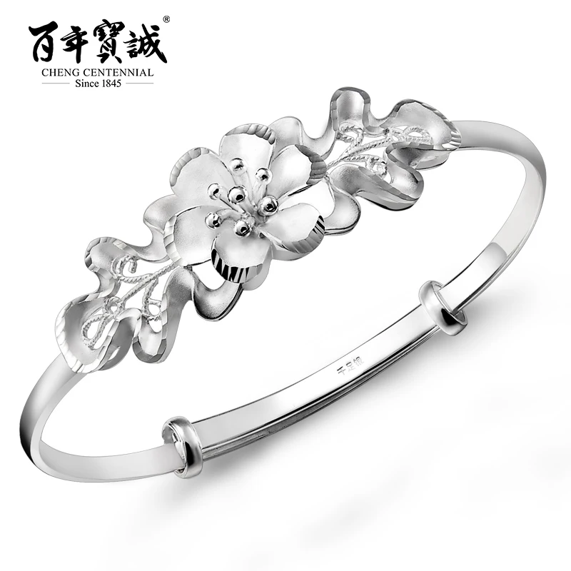 

Cheng Centennial Solid Silver 999 Bracelet for Women Flower Carving Bracelet Bangles Trendy Fashion Bracelet Femme Adjustable