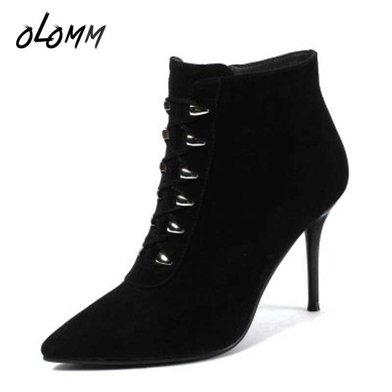 Spring Autumn Winter Fashion Women Ankle Martin Short Boots Kid Suede Shoes Flock Pointed Toe Warm Fleeces Zip Thin High Heels | Обувь