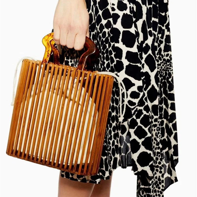 

FGGS-Fashion Women Bags Designer Acrylic Handle Woven Bag Bamboo Bag Stitching Hollow Bag Clutch Bali Beach Holiday Handbag