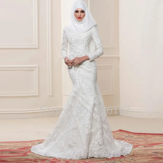 2017 islámica musulmana vestidos de novia de estilo sirena de manga