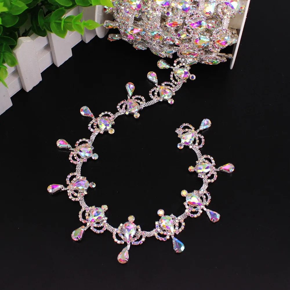 

Handmade Silver Base Rhinestone Trim Wedding Belt Sew on Rhinestone Crystal AB waterdrop shape Rhinestone Cup Chain Tassels DIY