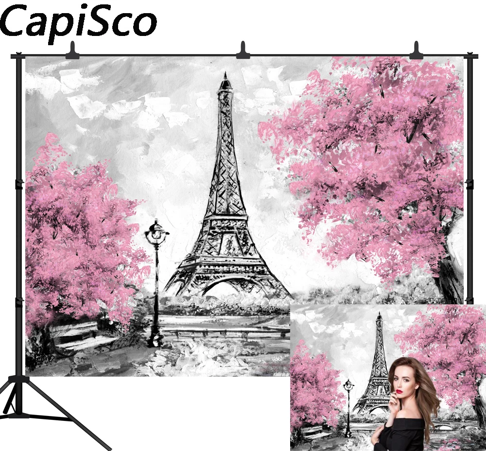 

Capisco backdrop for photographic studio Paris city landscape Eiffel tower black white style background oil painting photocall