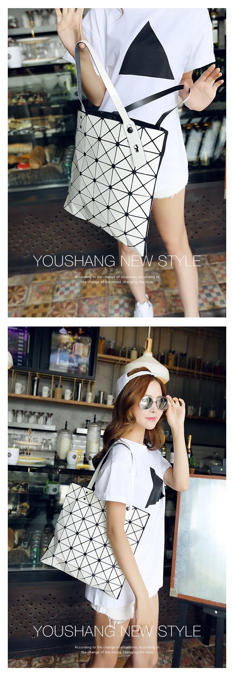 Deformable Women Handbag Geometry Quilted Plaid Mosaic Sequins Mirror Shoulder Tote Bag BaoBao Lattice Laser Foldable PU Bag (5)