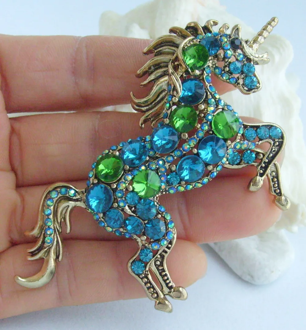 Unique Animal Unicorn Horse Brooch Pin Blue Green Rhinestone Crystal Pendant EE06172C2 | Украшения и аксессуары