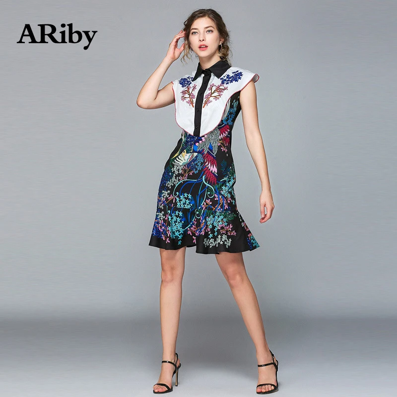 Women Dress Summer Party Dress 2019 New Sleeveless Slimming Lotus Leaf Stitching Printed Turn-down Collar Mini Dress Vestidos