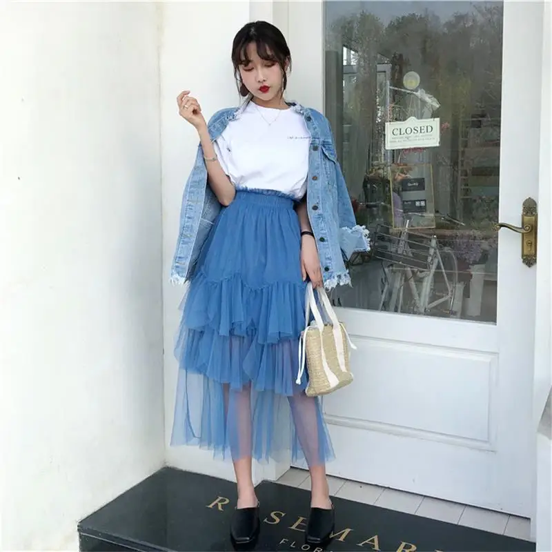 

Women's Skirts Casual Lady Kawaii Punk Loose Mesh A-line Skirt Female Korean Girl Ins Chic For Women Punk Tulle High Waist