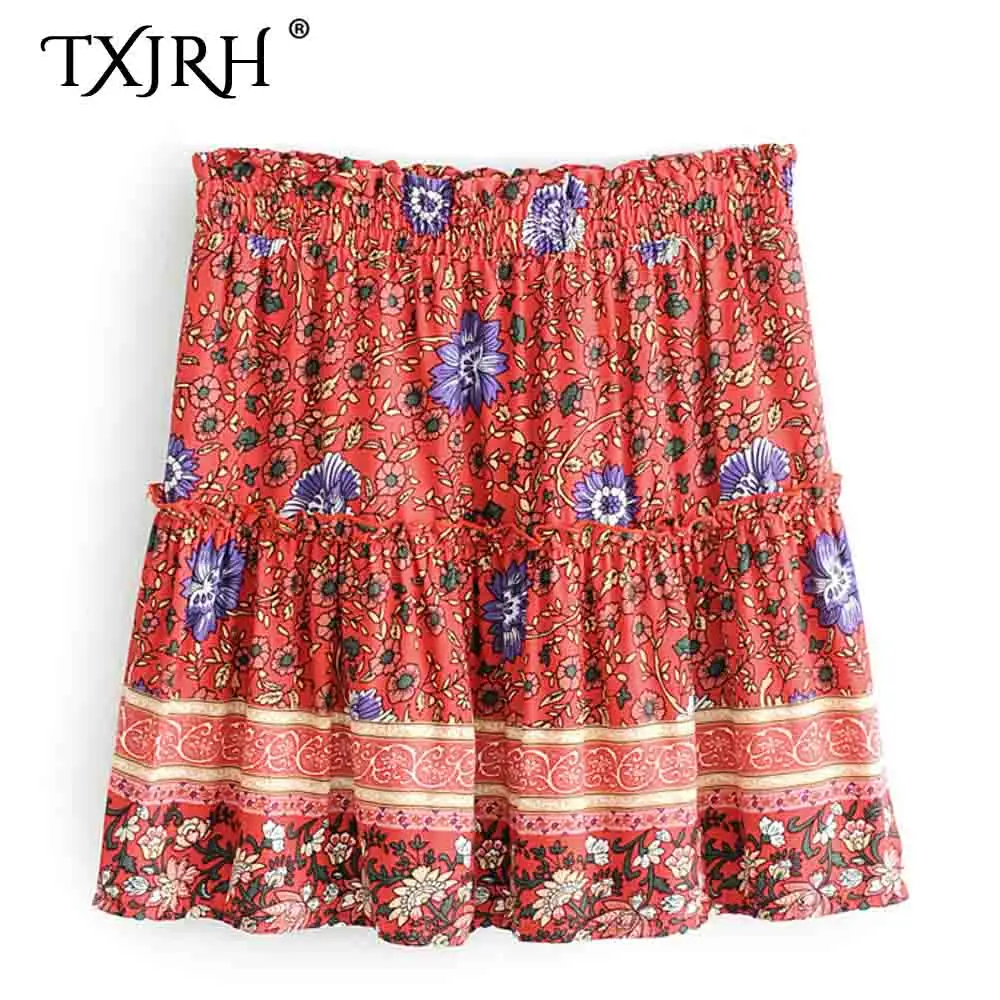 TXJRH богемная Этническая красная расцветка с цветочным принтом эластичная талия мини плиссированная юбка оборки Праздничная Женская пляжная Короткая Юбка-миди
