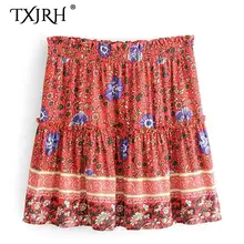 TXJRH богемная Этническая красная расцветка с цветочным принтом эластичная талия мини плиссированная юбка оборки Праздничная Женская пляжная Короткая Юбка-миди