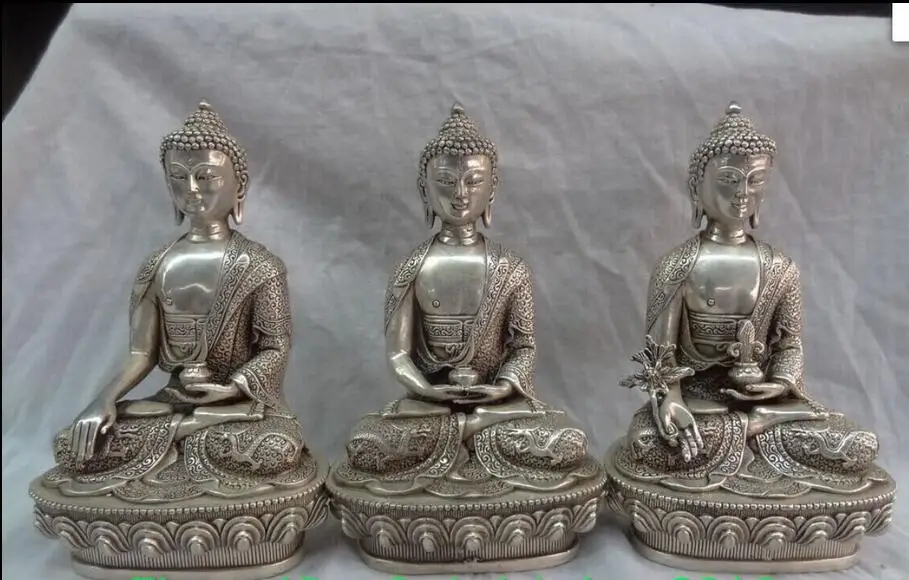 

free 8" Chinese Tibet Silver 3 Shakyamuni Buddha Amitabha Bowl Full Set Bowl Statue fast