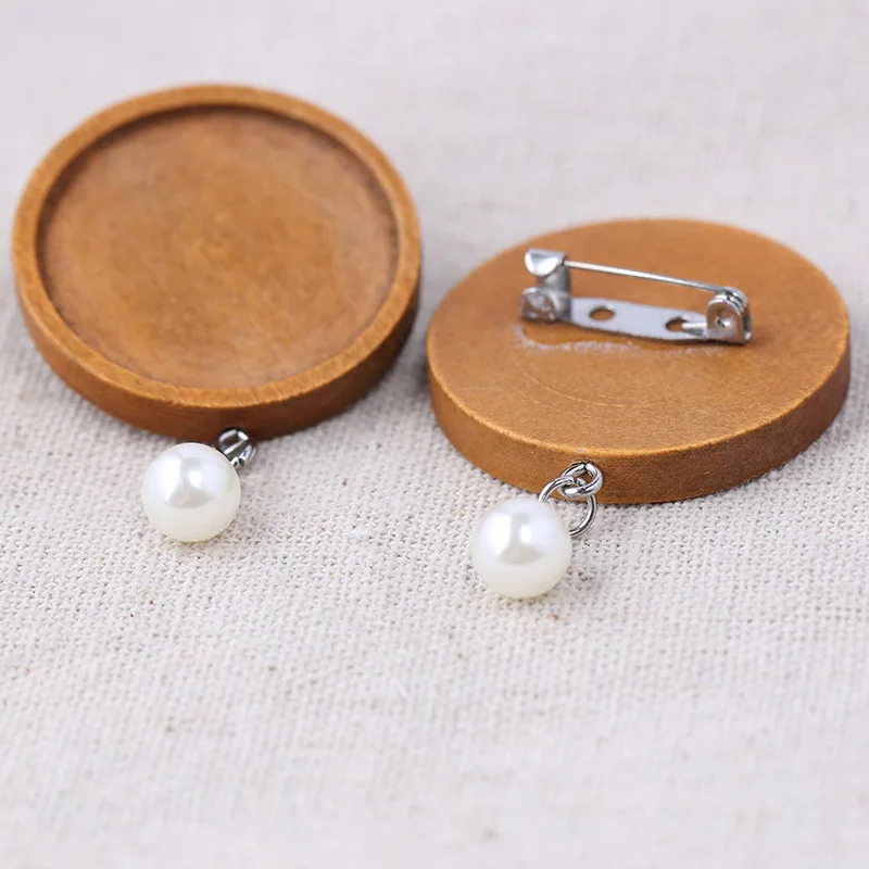 

reidgaller 5pcs fit 30mm round wood cabochon brooch base settings with simulated pearl charm diy blank brooches pin backs