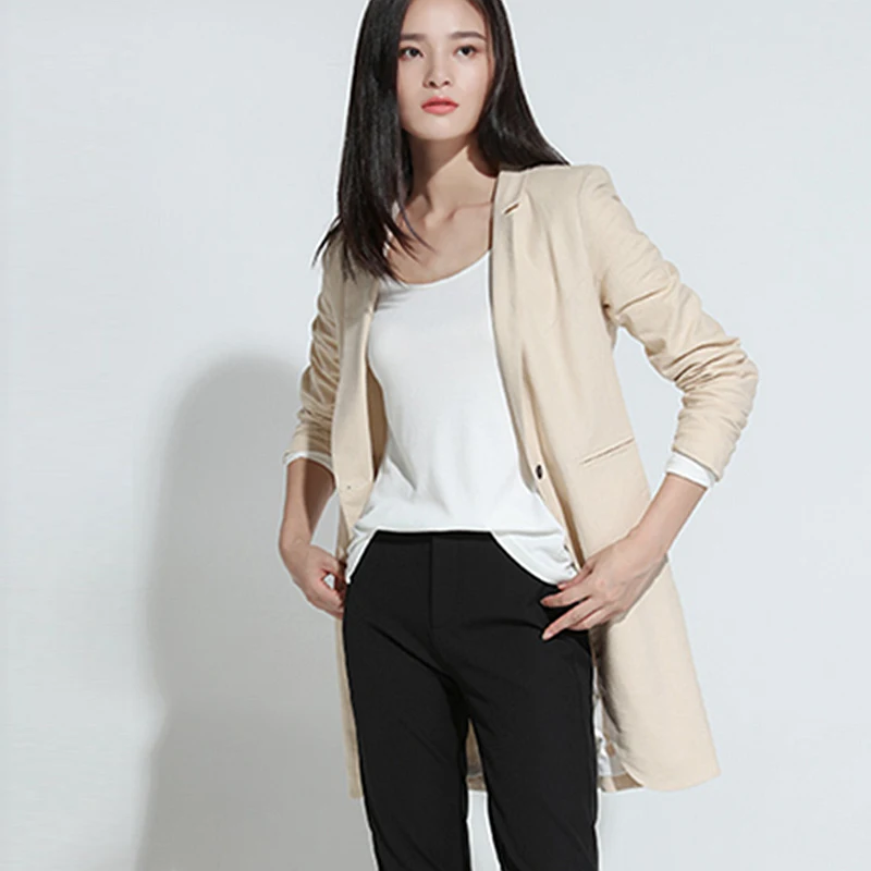 

Blazers Women 54% Linen Blended Simple Design Single Button Pockets 2 Colors Ladies Causal Suit Coat Spring 2018 New Fashion