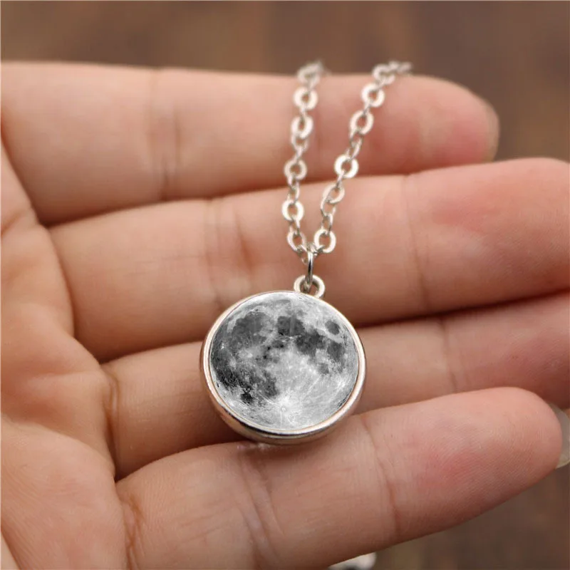 

Fashion Women Men Double-Sided Grey Full Moon Crescent Glass Ball Pendant Necklace Long Sweater Chain Necklace Jewelry Collares