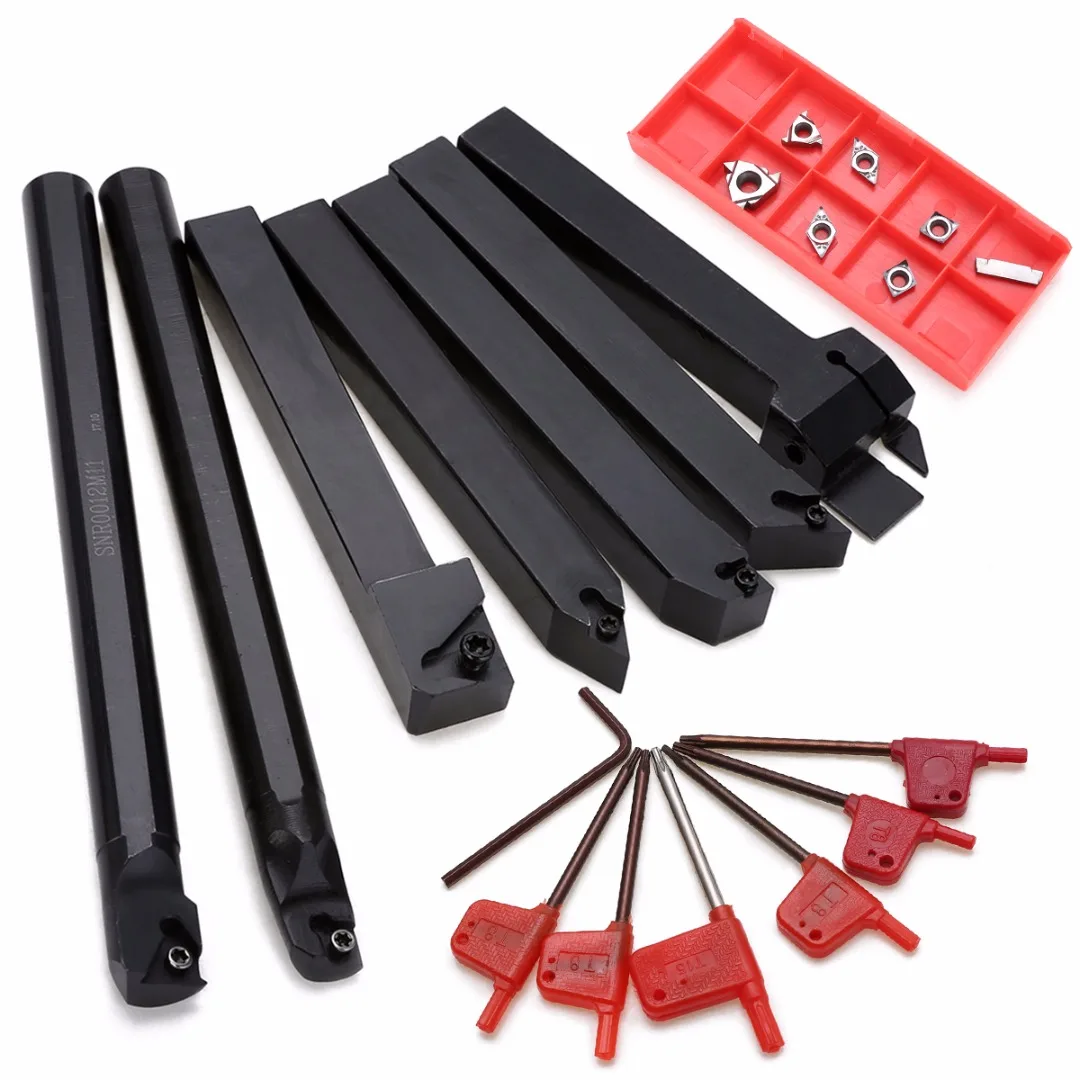 

7pcs 12mm Shank Lathe Turning Tool Holder Boring Bar +7pcs Carbide Inserts Set For Machining Induction Hardened Hydraulic Shaft