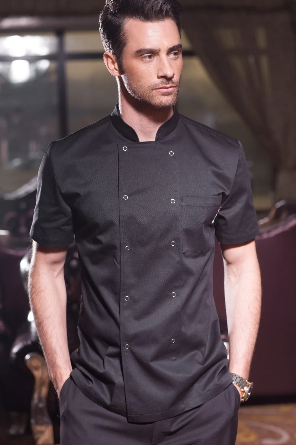 

Double-breasted chef coat, White and black color short sleeves