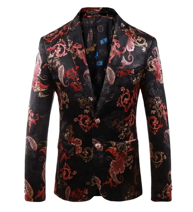 Мужской модный Свадебный блейзер для вечеринки, черный, красный блейзер с принтом, дизайн размера плюс, повседневный мужской приталенный пиджак - Цвет: Черный