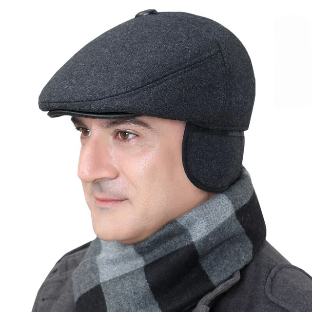 Wuaumx Winter Berets Hats For Men With Ear flap Woolen Thicker Beret