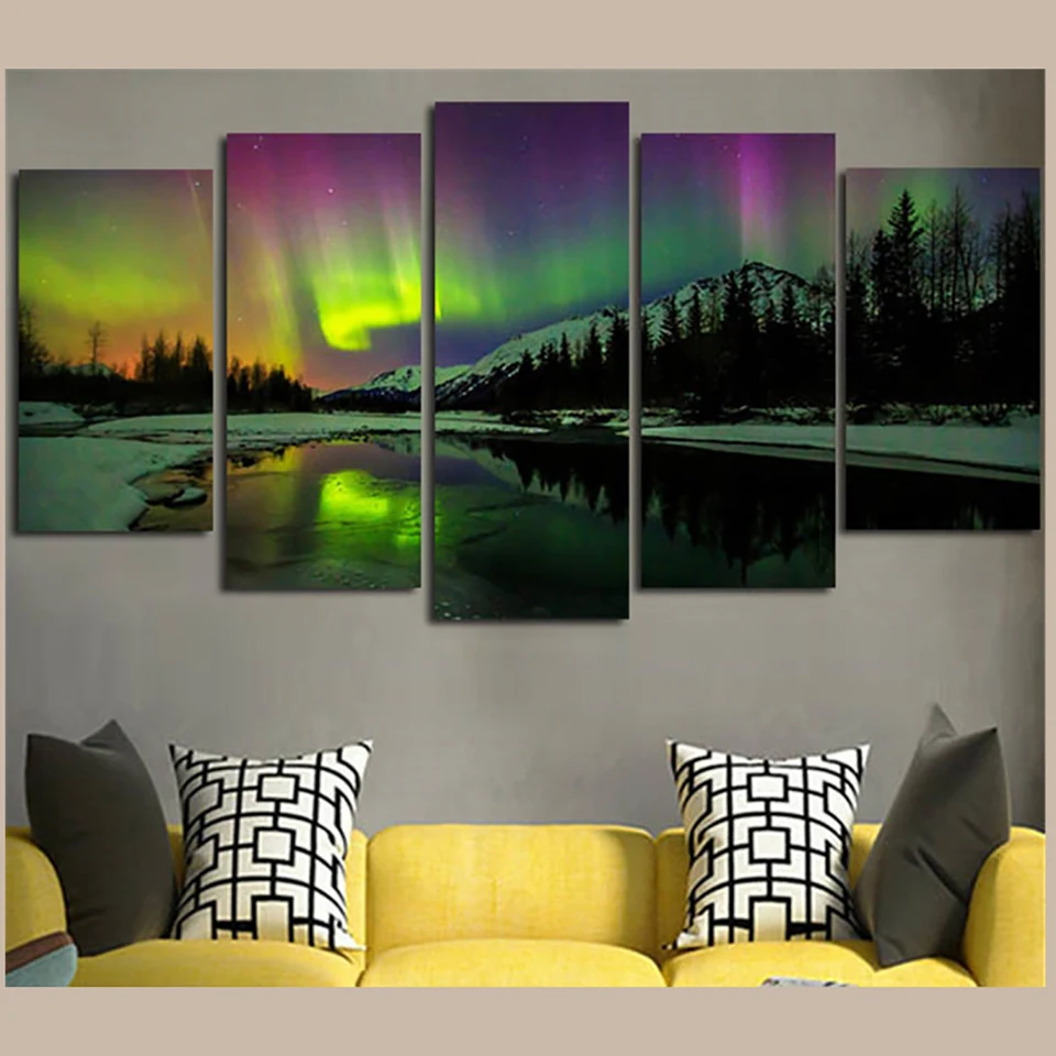 

Wall Art Canvas Painting Home Decor Frame 5 Panels Iceland Green Aurora Pictures Modular HD Prints Nordic Poster For Living Room