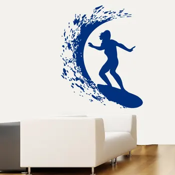 

Cool Surfer Woman Surfing Patterned Wall Decals Home Bathroom Special Decor Vinyl Wall Poster Surfing On The Sea Mural Wm-029