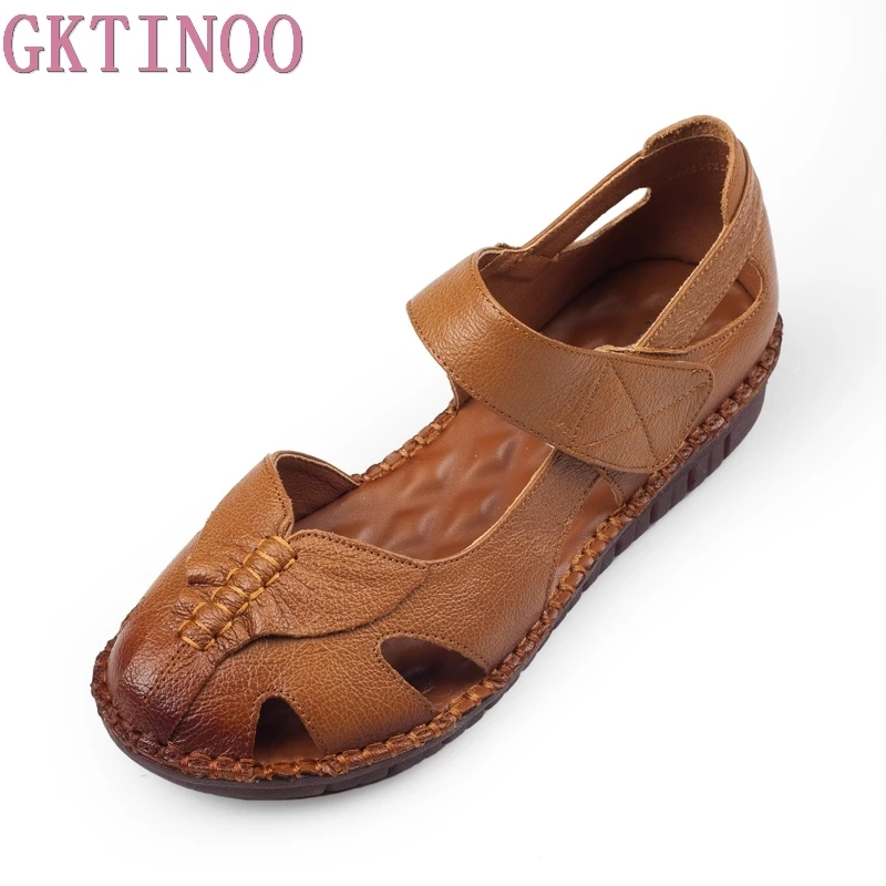 GKTINOO Women's Sandals 2019 Summer Genuine Leather Handmade Ladies Shoe Leather Sandals Women Flats Retro Style Mother Shoes