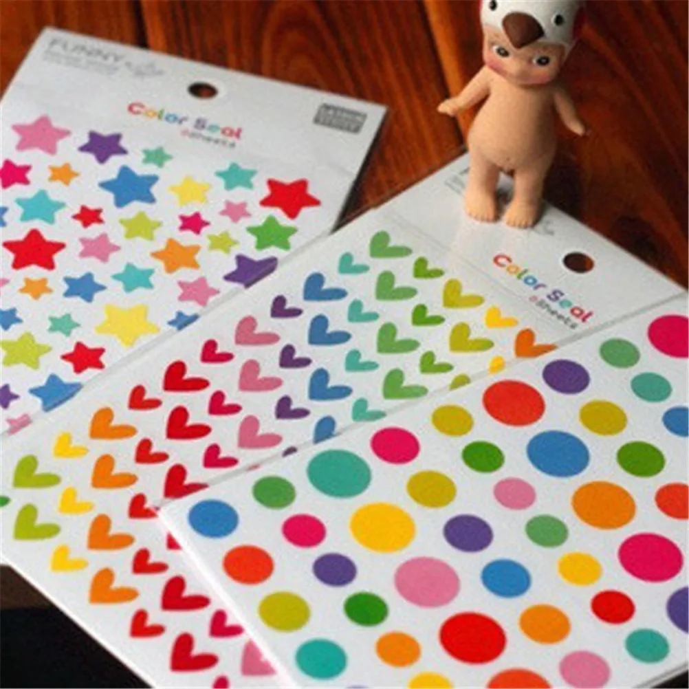 

6Sheets Candy Colorful Heart Dots Star DIY Decorative Seal Stickers Diary Phone Bottle Decor Stick Label Kids Stationery Sticker