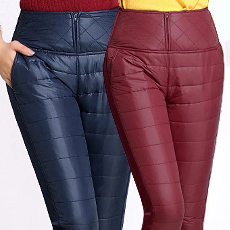 

Plus size S-4XL Winter High Waist Down Pencil Pants 2017 Women Slim Warm Windproof Velvet Thick Thermal Trousers Black Wine Blue