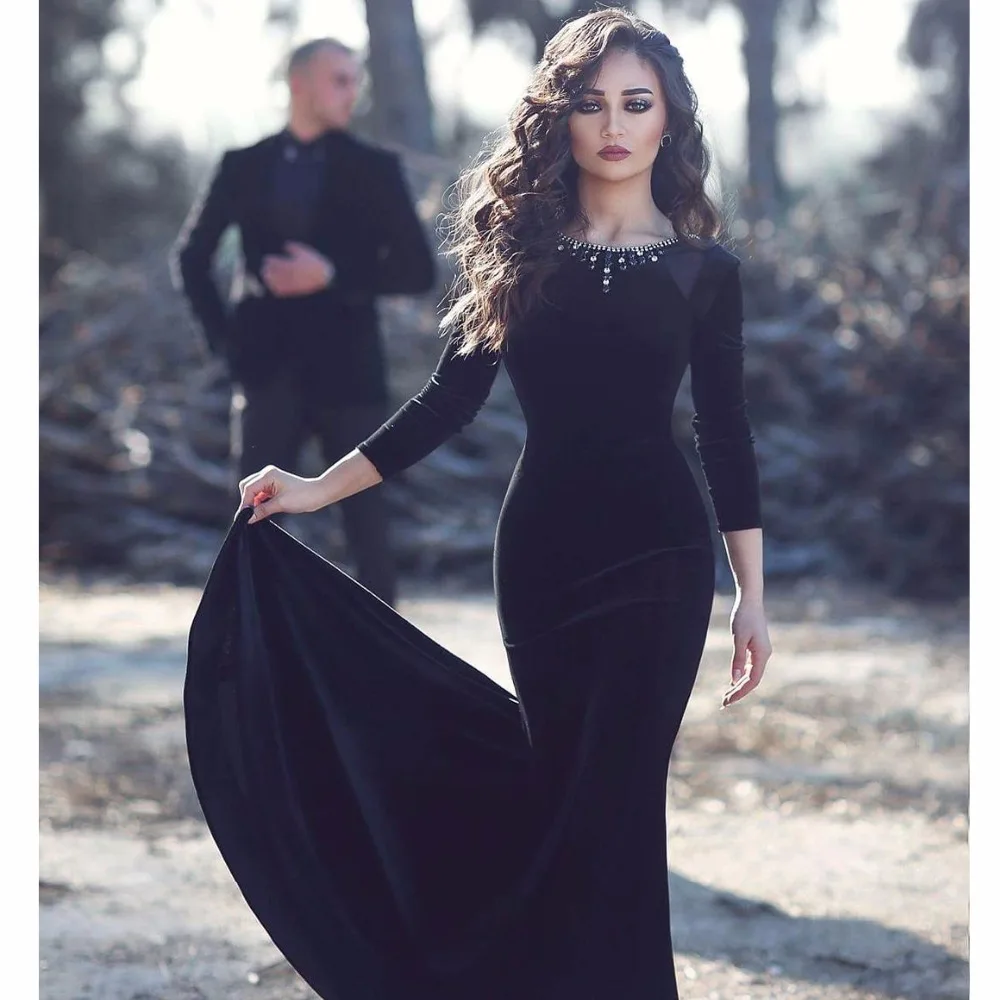 Дизайнер Платья Партии Черный O Шеи Бисером Кристаллы Низкий Назад Три Четверти