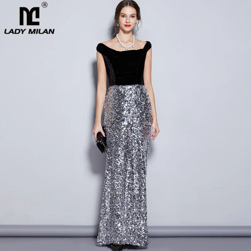 

Women's Runway Designer Dresses Slash Neckline Cap Sleeves Velvet Bodice Patchwork Sequined Elegant Long Party Dresses