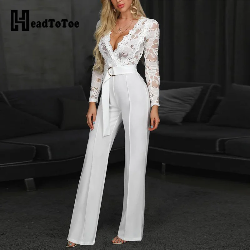 

Sexy V-neck Long Sleeve Office Lady Rompers Jumpsuit Overalls Plunge Lace Bodice Insert Jumpsuit for Women