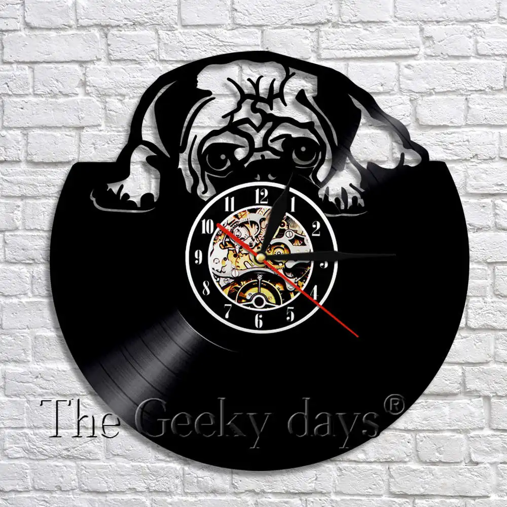

1Piece Vinyl Record Wall Clock Pug Dog British English Bulldog Wall Art Decor Modern Design Home Decor Unique Gift For Dog Lover