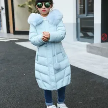 Зимняя детская утепленная Меховая куртка-пуховик модная теплая куртка для девочек детское пальто с капюшоном на белом утином пуху одежда с капюшоном