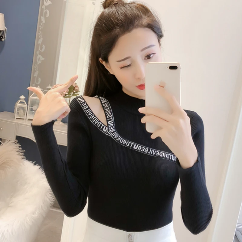 Turtleneck Sweater Elasticity Sexy Off Shoulder Korean Winter Woman Sweater Letter Embroidery Pullover Women Slim Sweaters 