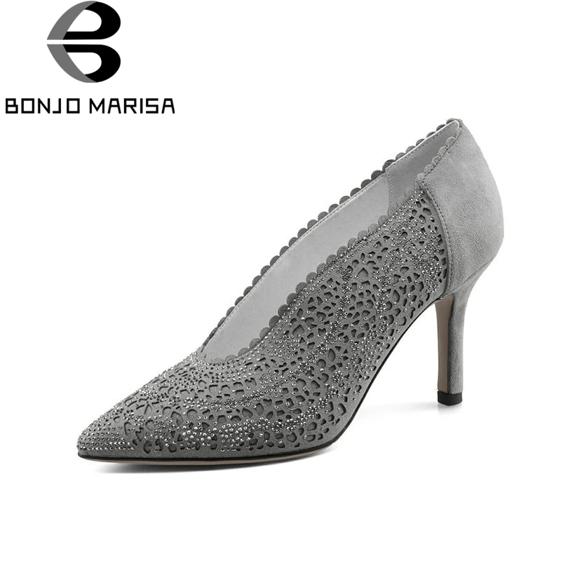 

BONJOMARISA Spring Summer Brand Natural Suede Fashion Bling Women Pumps Big Size 33-40 slip-on Party High Heels Shoes Woman