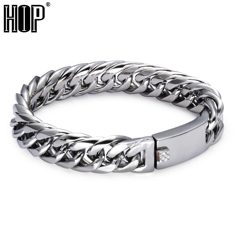 

HIP Mens ID Tag Bracelet Biker High Polish Silver Color 316L Stainless Steel Curb Cuban Link Bracelets For Men Jewelry