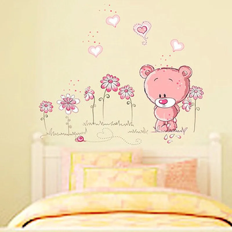Cute Pink Cartoon Animal Love Bear Flower Baby Children Bedroom Room Decor Wall Stickers Kids Nursery Decal Sticker Girl Gift