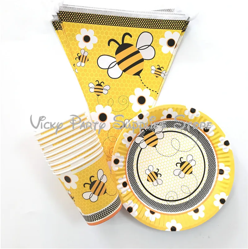 

30pcs/lot Cartoon Bee Party Disposable Tableware Set Insect Theme Kid Birthday Baby Shower Cup Plate Party Decoration Supplies