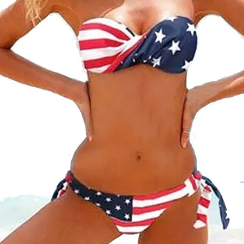 

KLV Flag Print Two Piece Swimwear Swim suit women bathing suit Bandeau Bandage Beach Set Push-Up beachwear sexy beach set3.29
