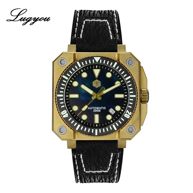 

Lugyou San Martin Square Mechanical Watch for Men Beryllium Bronze ETA2824 Blue MOP 200m Water Resistant Shark Leather Blue Glow