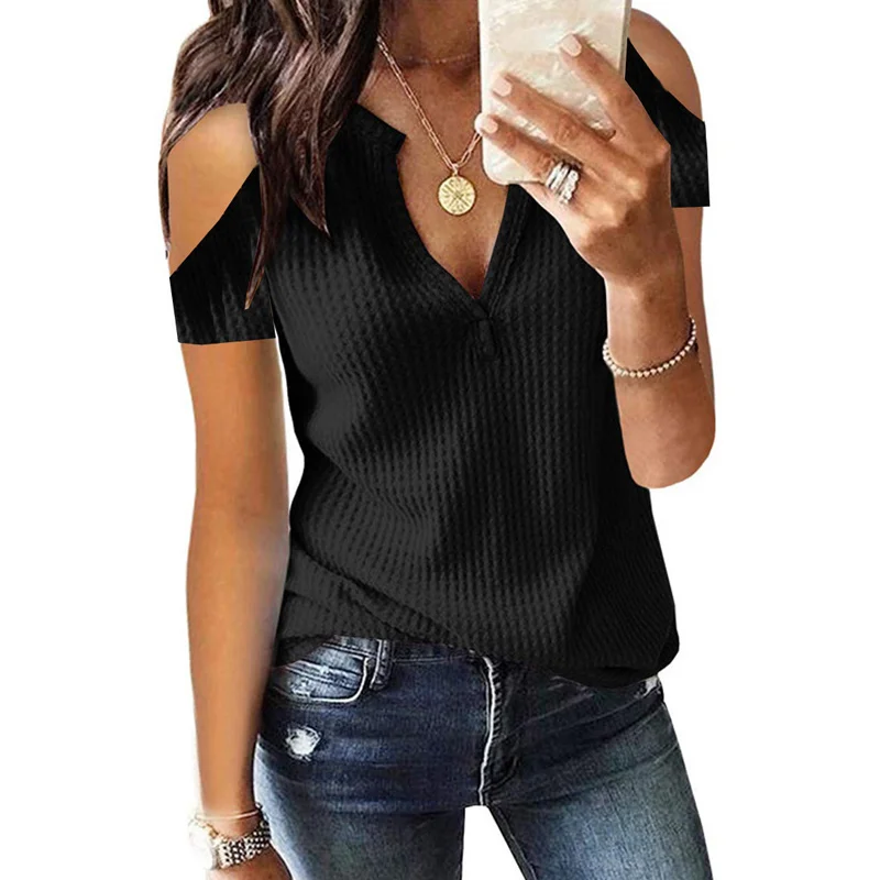 

Women Cold Shoulder V-Neck Soft Waffle Knit Tops Blouse for Summer -MX8