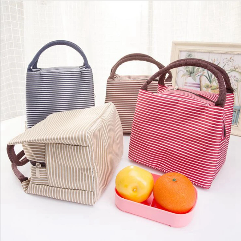 Leisure Women Portable Lunch font b Bag b font Canvas Stripe Insulated font b Cooler b