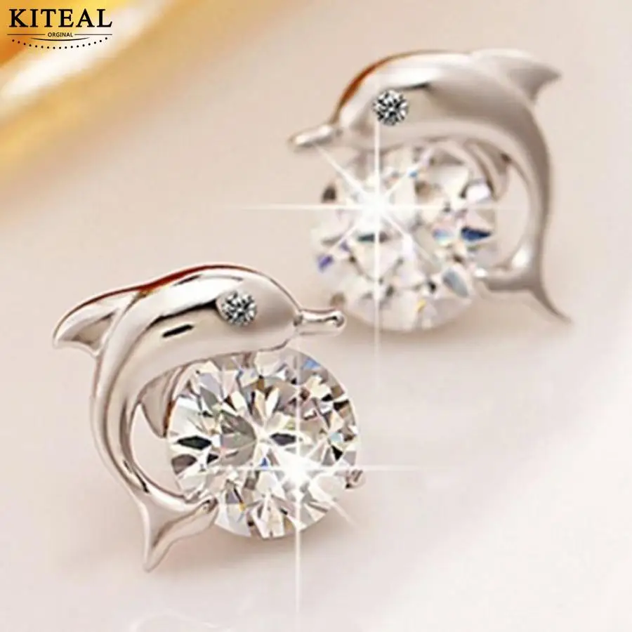 

New Cute Romantic Dolphin Love Stud Earrings For Women 925 Jewelry Silver Plated Round AAA shinning Zircon Brinco Bijoux