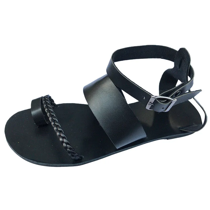 Женские однотонные босоножки из искусственной кожи с пряжкой на ремешке винтажные Летние повседневные сандалии с нескользящим носком римские пляжные сандалии-гладиаторы#40