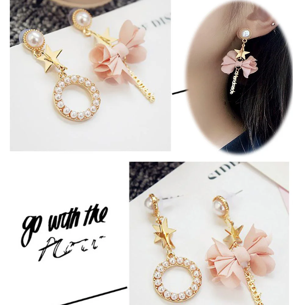 

Asymmetry Women Tassel Earrings For Women Star Pendant Chiffon Flower Simulated Pearl Circle Drop Earrings pendientes mujer moda