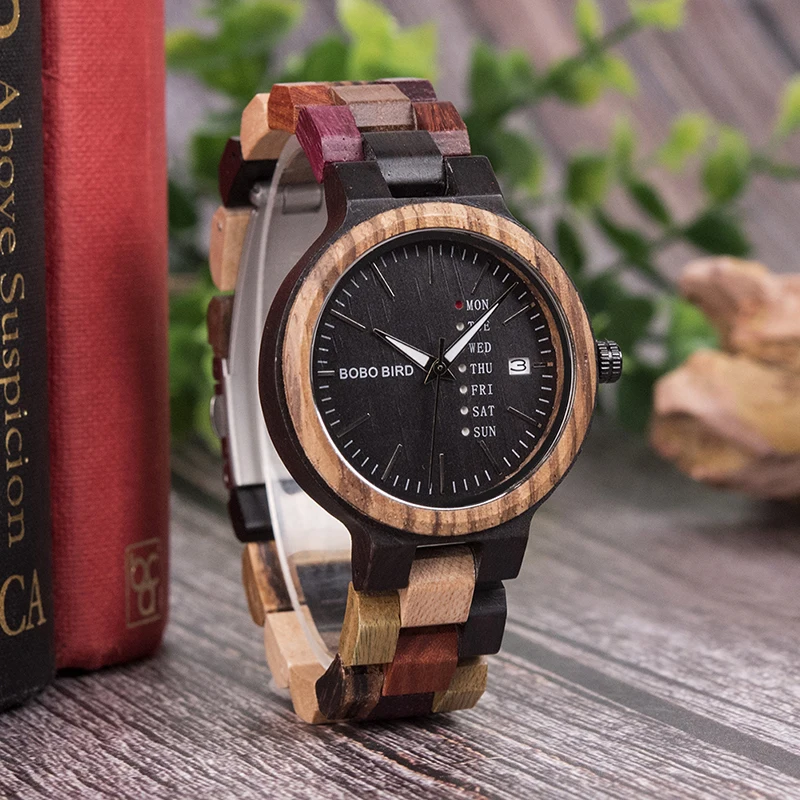 BOBO BIRD Relogio Masculino деревянные часы с полным календарем недели дисплей кварцевые