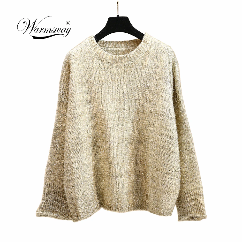 

Hot gold lurex fluffy Knit Top Women Long Batwing Sleeve Big Size O-neck Loose Embellish Sweater Jumper Knit Pull Girl C-432
