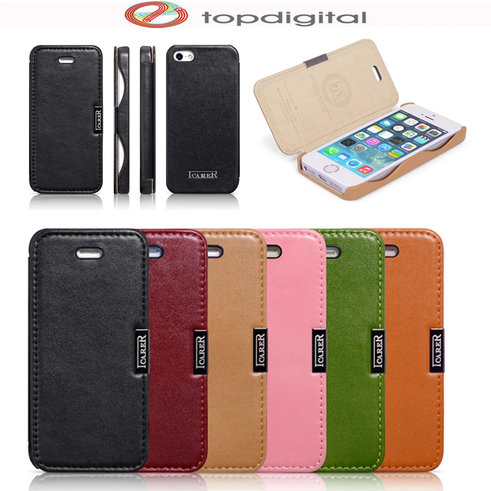 icarer for iPhone SE Flip Case Genuine Leather Cover for iPhone SE 5 5s