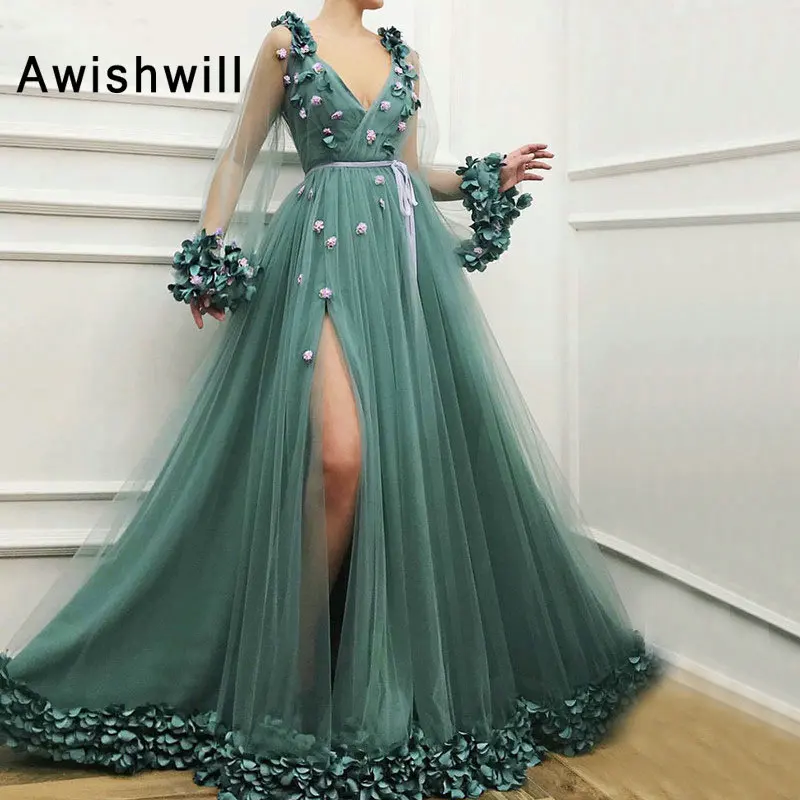 2 (1) Dubai Long Sleeves Green Sexy Evening Dresses 2019 Handmade Flowers V-Neck Tulle Evening Dresses Design Women Formal Gown