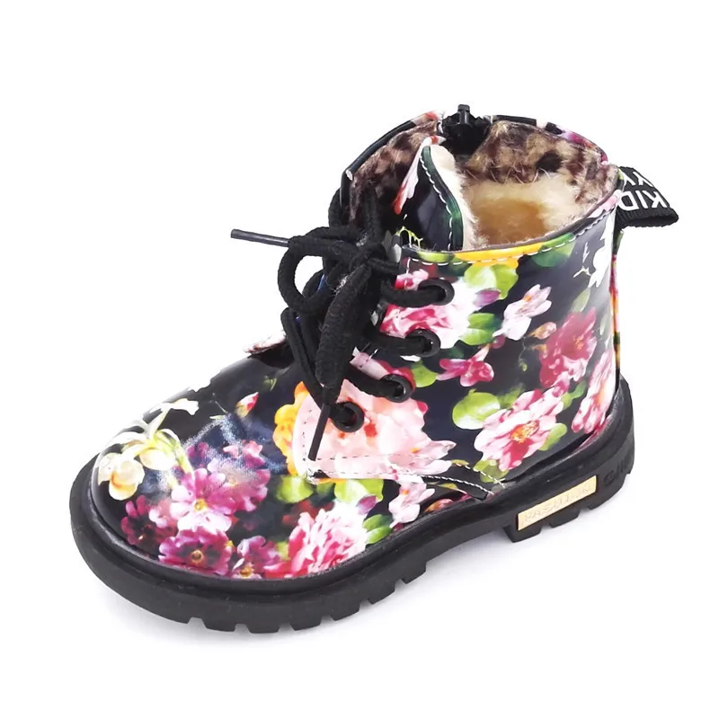 COZULMA/зимние ботинки для мальчиков и девочек с мехом; Плюшевые Детские Модные Ботинки martin с цветочным принтом; детские зимние ботинки; спортивные кроссовки для малышей - Цвет: Black Fur