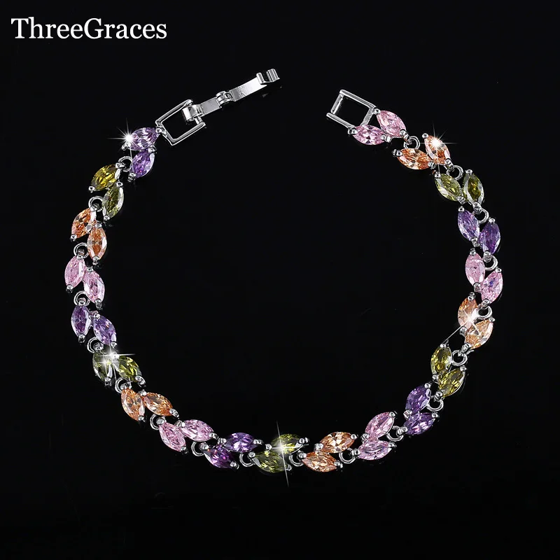 

ThreeGraces Famous TG Brand Jewelry Leaf Shaped Mixed Green Purple Pink Cubic Zirconia Stone Tennis Bracelets For Women BR022