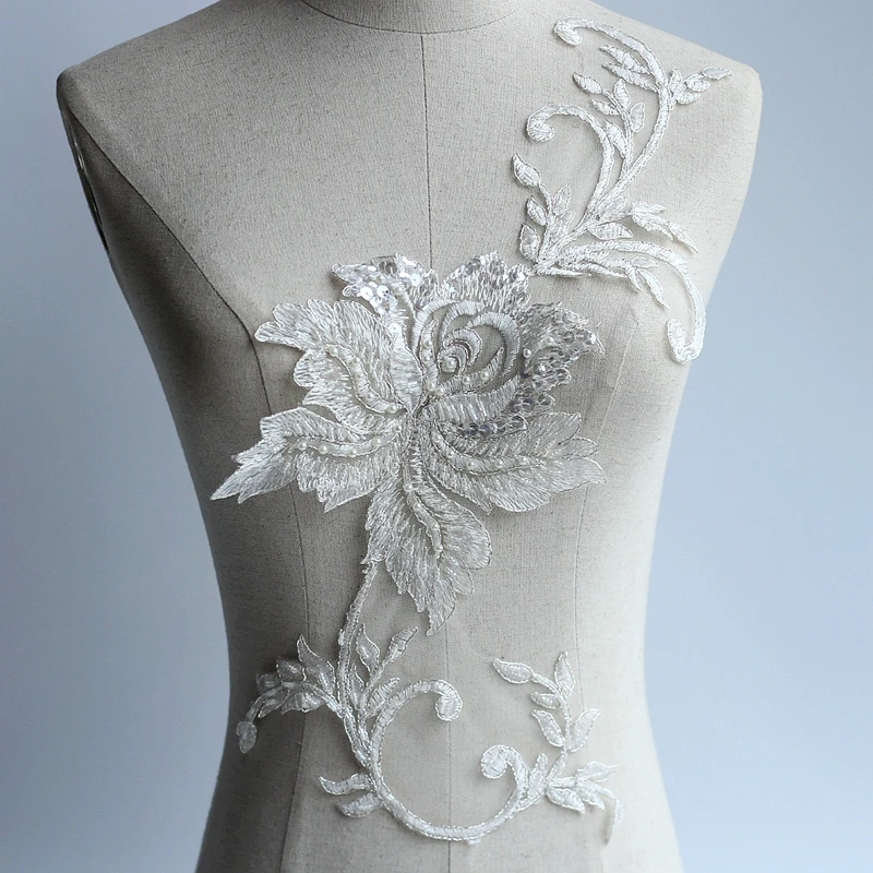 

Ivory Alencon Lace Applique Beaded Sequined Patch For Wedding Supplies Bridal Hair Flower Headpiece